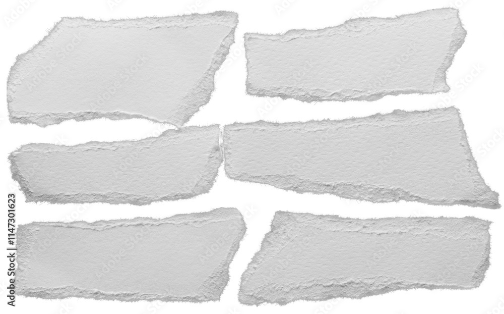 Naklejka premium torn blank pages with uneven texture edges. set of ripped white paper sheets png isolated on transparent background. document or newspaper mockup.