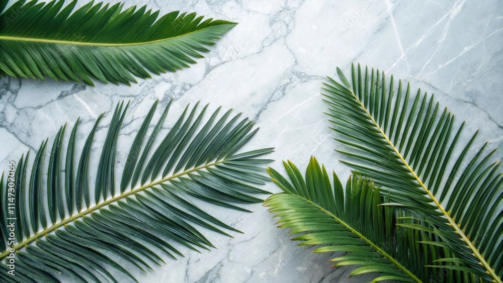 Obraz premium Palm fronds arranged on a white marble background, creating a minimalist and tropical aesthetic.