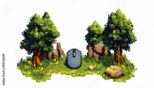 Pixel Art Mouse in Forest Clearing, Nature Background, Game Design Asset. photo