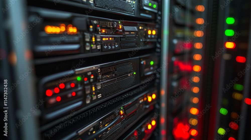 Network servers with illuminated lights in a data center during evening hours.  