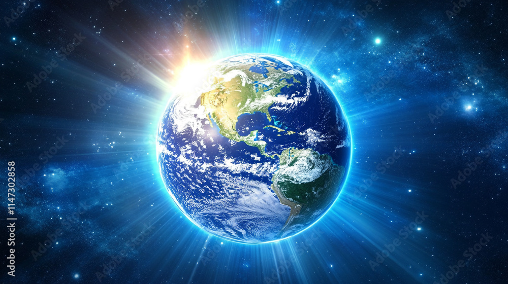 Bright sunrise over Earth with vibrant rays illuminating the atmosphere. Bright sunrise over Earth with vibrant rays illuminating the atmosphere.