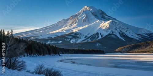 Wallpaper Mural A majestic snow-capped mountain peak stands tall over a frozen lake, creating a serene winter landscape. Torontodigital.ca