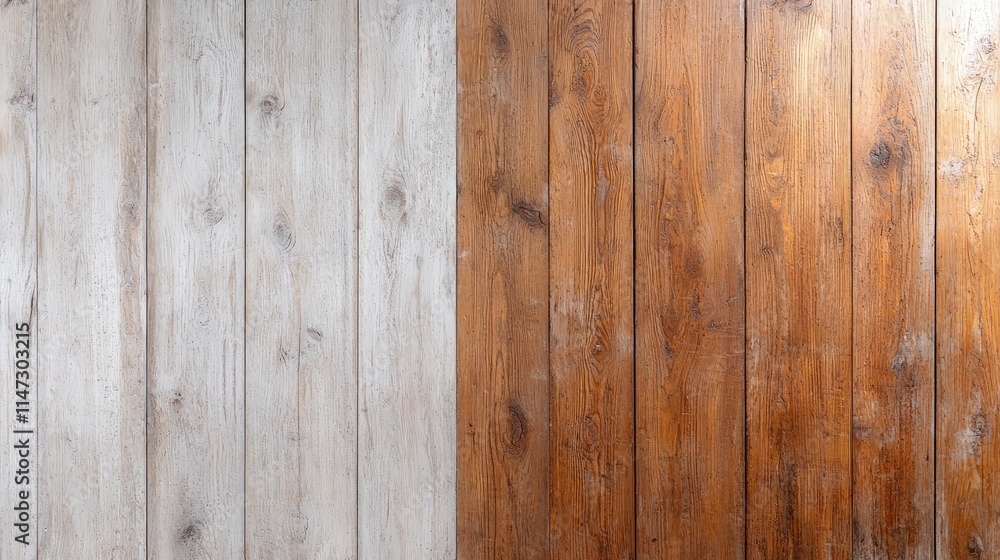 Naklejka premium Half-painted wood planks, white and brown.