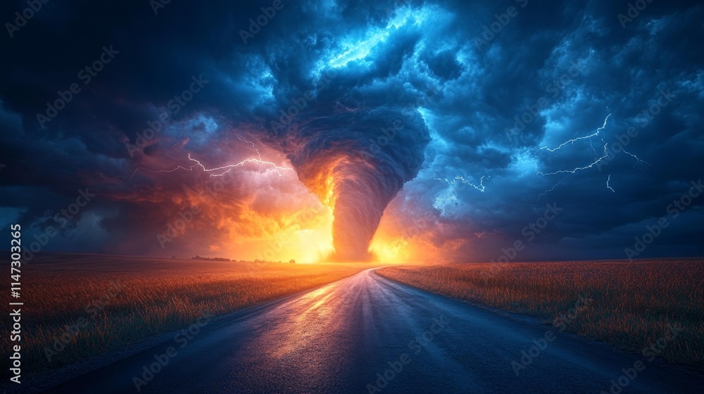 Dramatic Tornado with Lightning and Dark Sky Over a Road. Generative AI Dramatic Tornado with Lightning and Dark Sky Over a Road. Generative AI