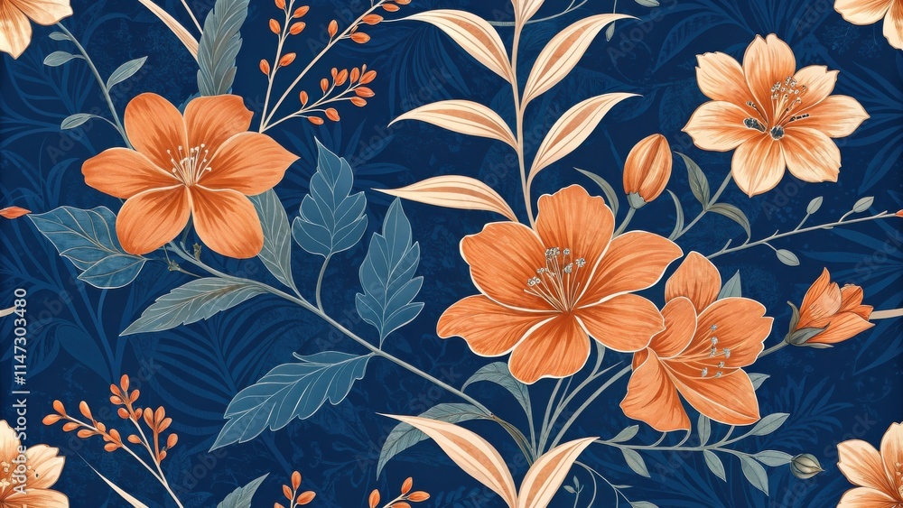 A seamless pattern of blooming flowers on a dark blue background, creating a vibrant and stylish floral design. A seamless pattern of blooming flowers on a dark blue background, creating a vibrant and stylish floral design.