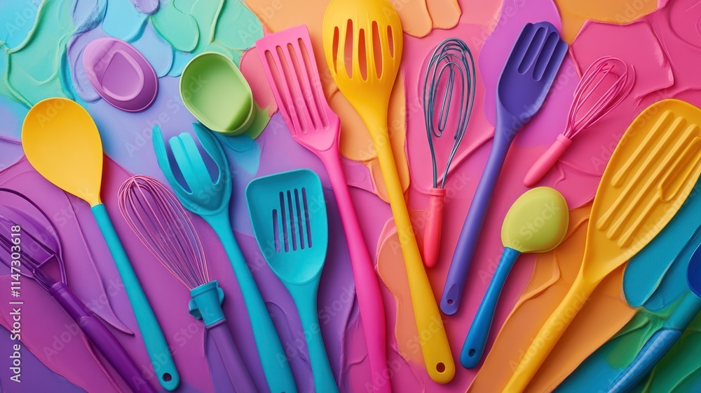Colorful Kitchen Utensils Arranged On Vibrant Background Colorful Kitchen Utensils Arranged On Vibrant Background