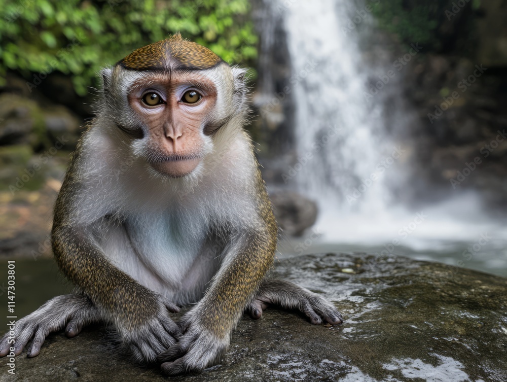 Naklejka premium Serene Monkey at Waterfall in Beautiful Nature Setting