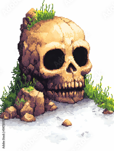 Pixel art skull rock formation, game asset, nature background. photo