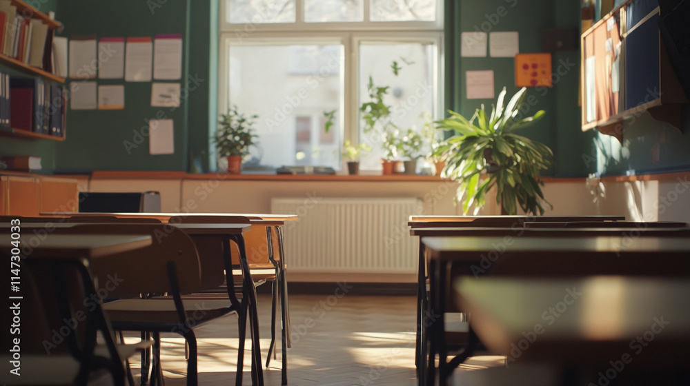 Bright classroom with empty desks and sunlight streaming through windows. Bright classroom with empty desks and sunlight streaming through windows.