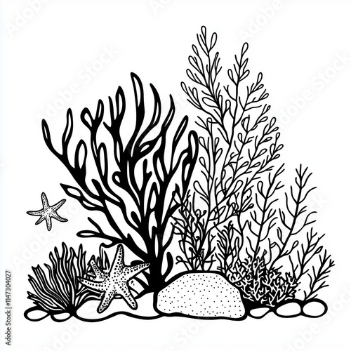 cute Coral  and Sea anemone  simple line black, white