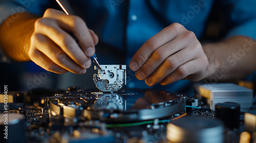 Technician repring electronic device in workshop with tools and components.   photo