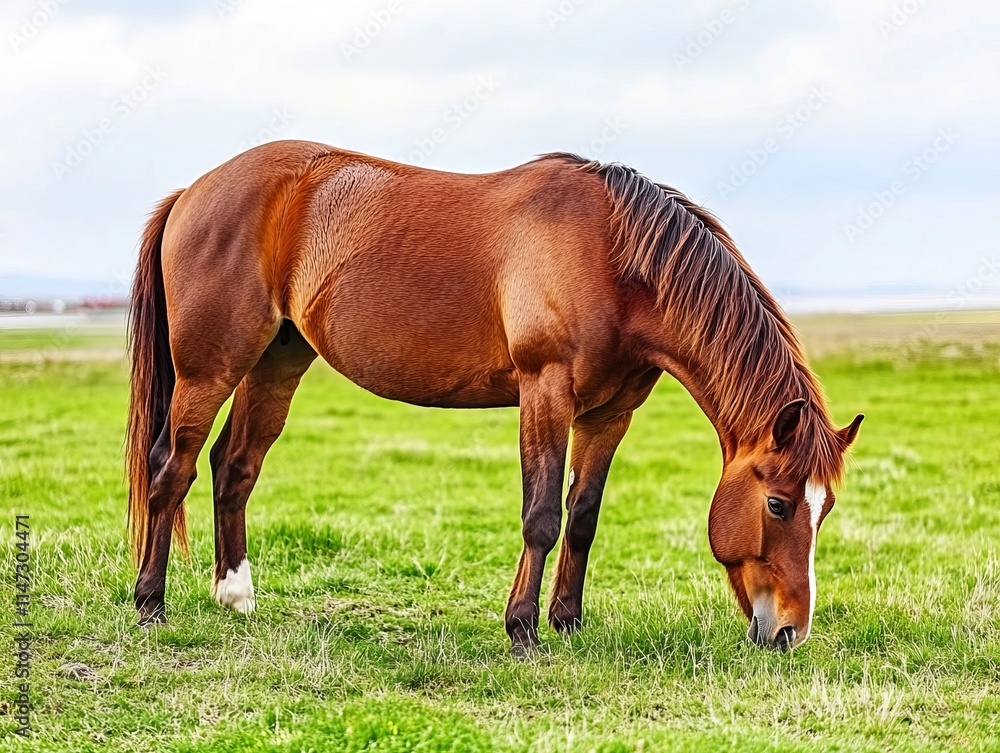 Obraz premium Horse Grazing in a Lush Green Field