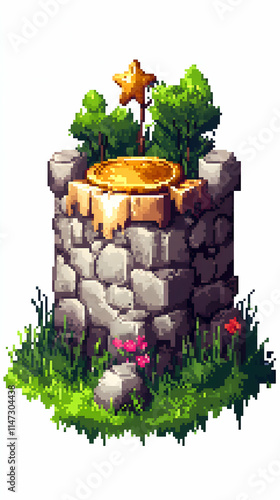 Pixel art stone tower with gold coin, star, trees, flowers, for game asset. photo