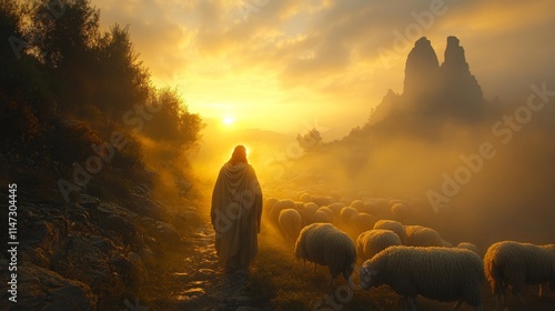 Jesus walking with sheep in golden morning light. Generative AI photo