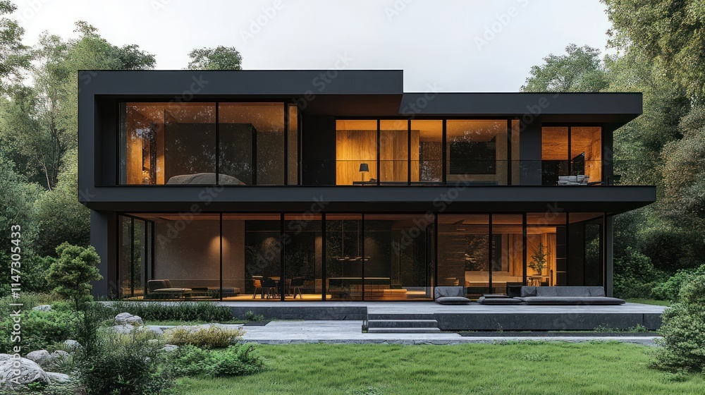 Modern black house surrounded by greenery. Modern black house surrounded by greenery.