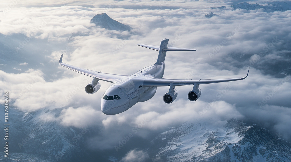 rplane flying above clouds with mountn peaks in the background. rplane flying above clouds with mountn peaks in the background.