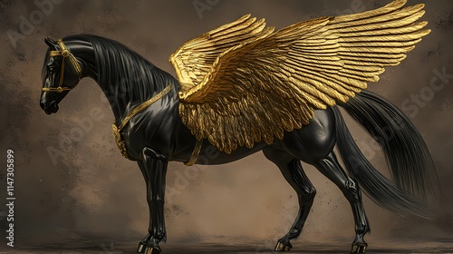 Black horse statue, gilded wings, elegant design. Gilded. Illustration photo