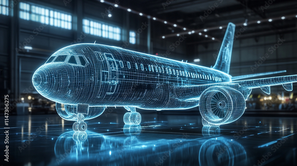 3D holographic representation of an rcraft in an aviation hangar at night. 3D holographic representation of an rcraft in an aviation hangar at night.