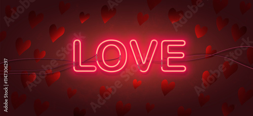 Abstract art background with neon inscription Love for Valentine's Day. Banner with neon text for wallpaper, cover, postcard, greetings, invitations.