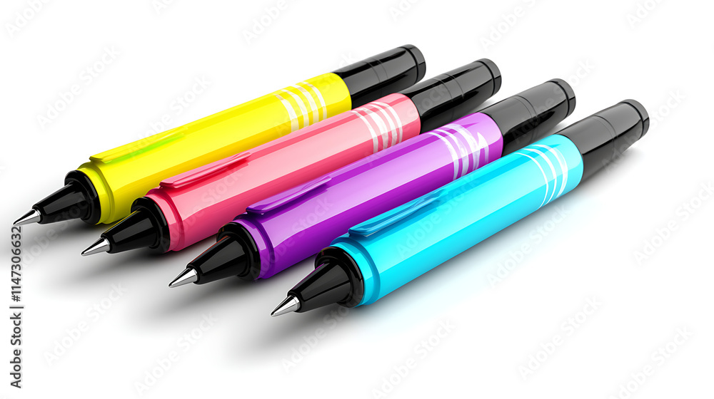 A row of pens in different colors, including yellow, pink, purple, and blue A row of pens in different colors, including yellow, pink, purple, and blue