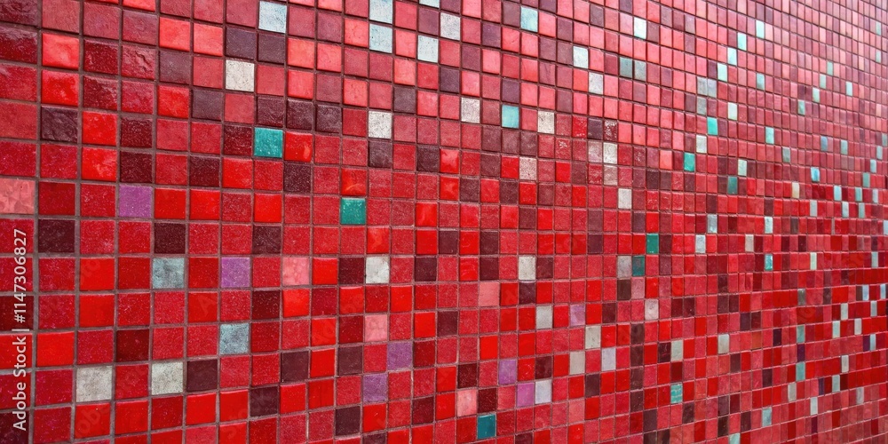 Fototapeta premium A vibrant mosaic wall with red, maroon, and green tiles arranged in a dynamic pattern, creating a visually stimulating textured surface.