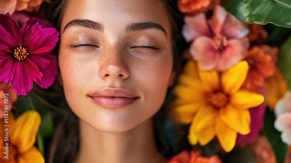 Beautiful Young Woman with Radiant Skin Surrounded by Colorful Flowers Beautiful Young Woman with Radiant Skin Surrounded by Colorful Flowers