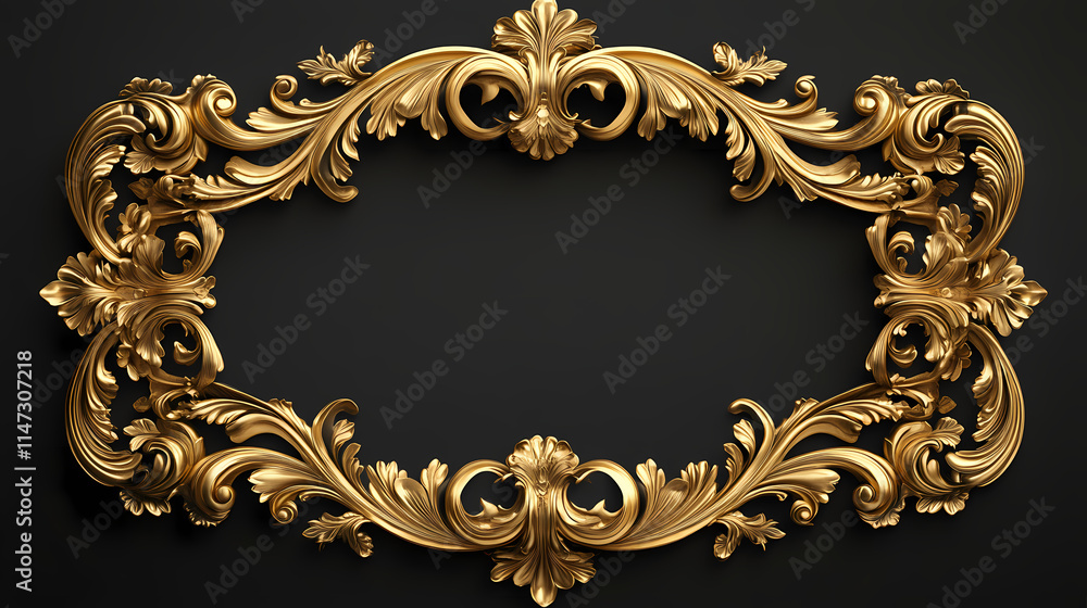 Ornate golden frame with floral design on black background. Gilded. Illustration Ornate golden frame with floral design on black background. Gilded. Illustration
