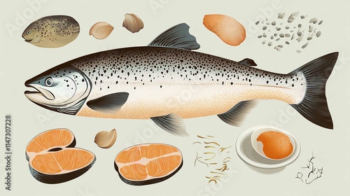 Fresh Raw Seafood Trout and Salmon on White Background Healthy Fish Ingredients