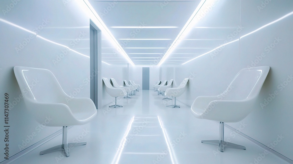 Obraz premium Modern Empty Hospital Corridor with Sleek White Chairs and Lighting