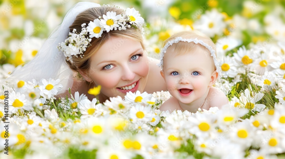 Mother with Baby Smiling Among Daisies in Bright Flower Field Mother with Baby Smiling Among Daisies in Bright Flower Field