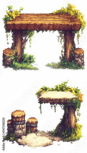 Rustic Wooden Table, Pixel Art, Game Asset, Forest Background, Nature.