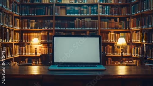 Laptop in Cozy Library Interior. Generative AI photo