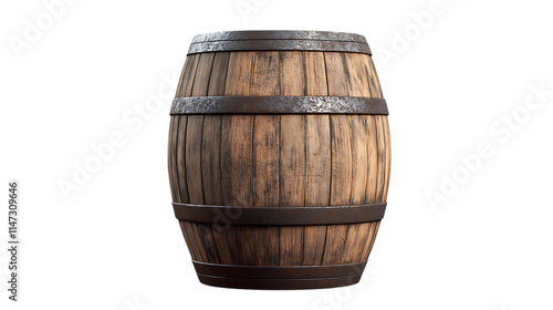 old rustic wooden barrel in a wine cellar, perfect for bourbon whiskey distillery or beer brewery themes, isolated on a transparent background