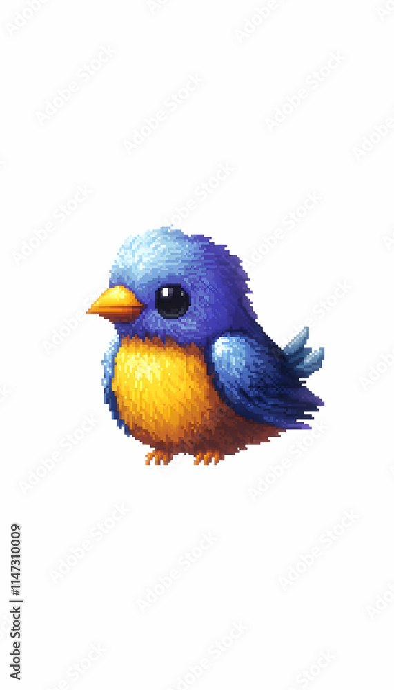 Fototapeta premium Cute Blue Pixel Bird on White Background, Game Asset, Childrens Book Illustration.