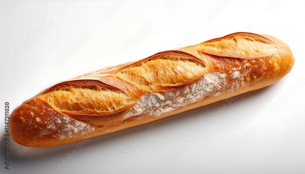 A single baguette lies diagonally across a plain white background. A single baguette lies diagonally across a plain white background.