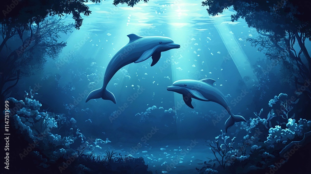 Underwater Marine Life Illustration Featuring Fish Sharks Dolphins and Coral Reef Underwater Marine Life Illustration Featuring Fish Sharks Dolphins and Coral Reef