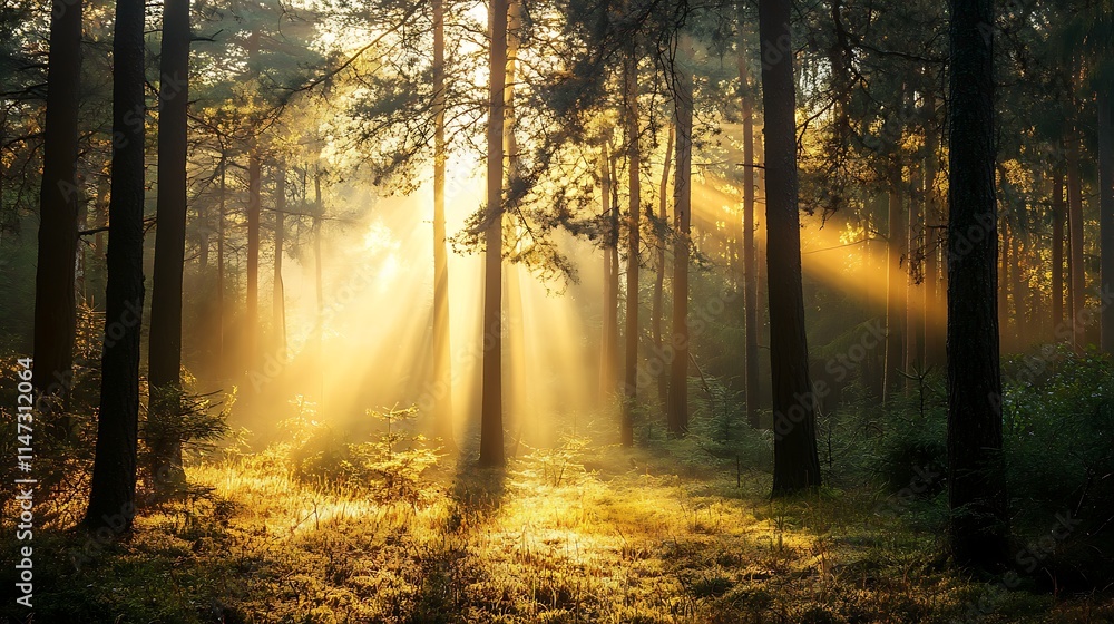 Obraz premium Sunbeams in Misty Forest