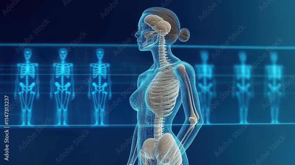 Translucent female human body, bone and nervous system graphics in holographic image Translucent female human body, bone and nervous system graphics in holographic image