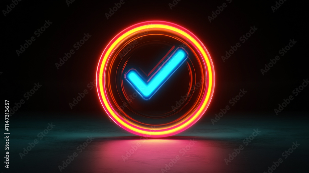 Vibrant glowing check mark in neon circle agnst dark background. Vibrant glowing check mark in neon circle agnst dark background.