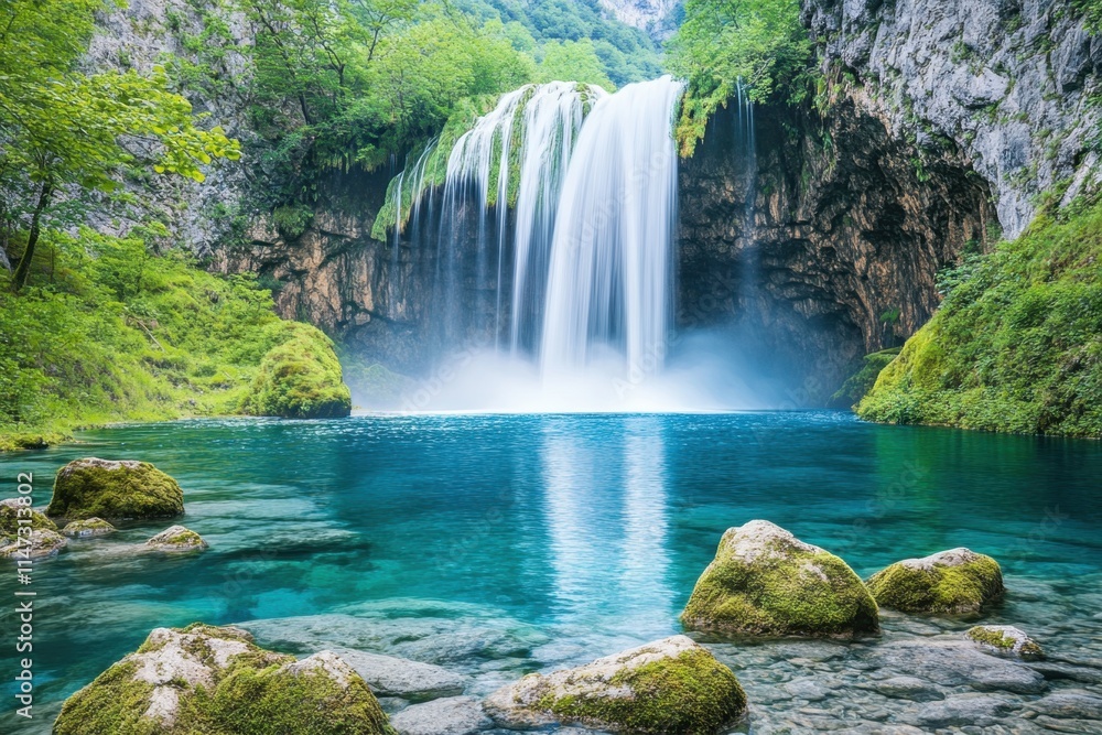 Fototapeta premium Serene waterfall cascading into a crystal-clear pool, surrounded by lush greenery and mossy rocks.