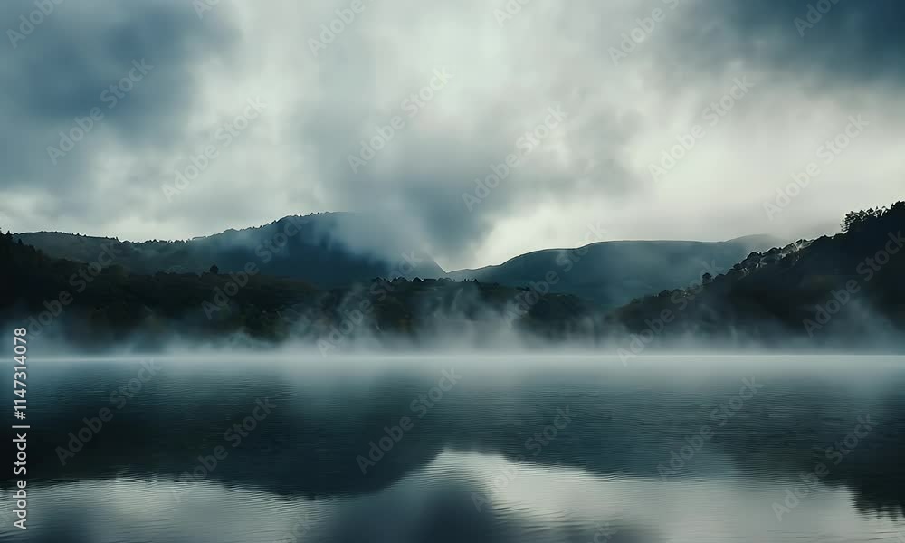 Serene lake surrounded by misty mountains under a cloudy sky, evoking tranquility. Serene lake surrounded by misty mountains under a cloudy sky, evoking tranquility.