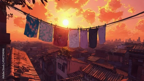 A Sunset Silhouette, Colorful Clothesline Silhouetted Against a Vibrant Sunset, with the theme of natural beauty. anime video stock. photo