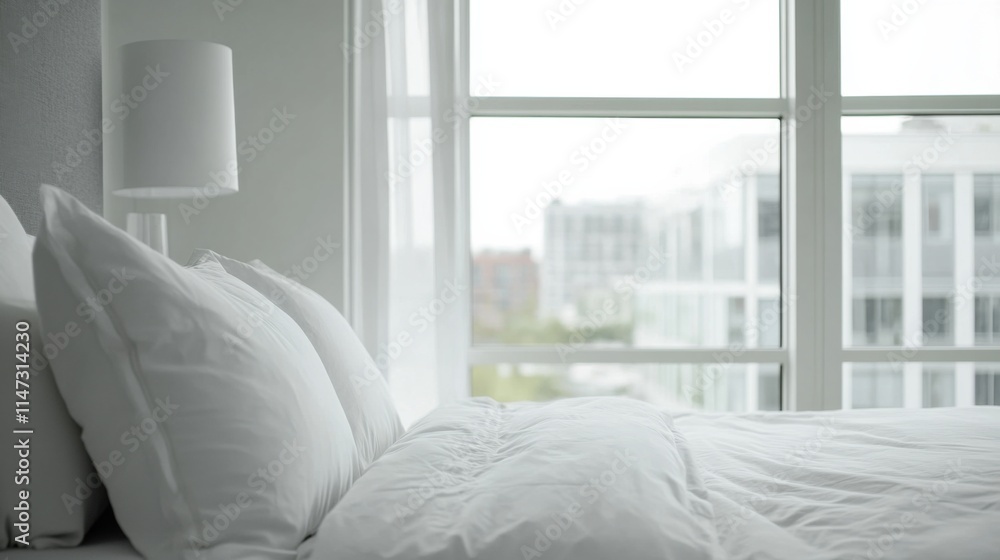 Minimalist bedroom with white and cool gray bedding. Featuring a clean, bright design with minimal decoration Minimalist bedroom with white and cool gray bedding. Featuring a clean, bright design with minimal decoration