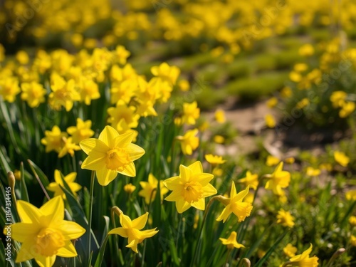 Vibrant daffodil flowers blooming in a sunlit field, nature, yellow, vibrant