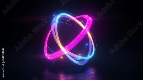 Vibrant glowing atomic structure with swirling light trls in dark setting.   photo