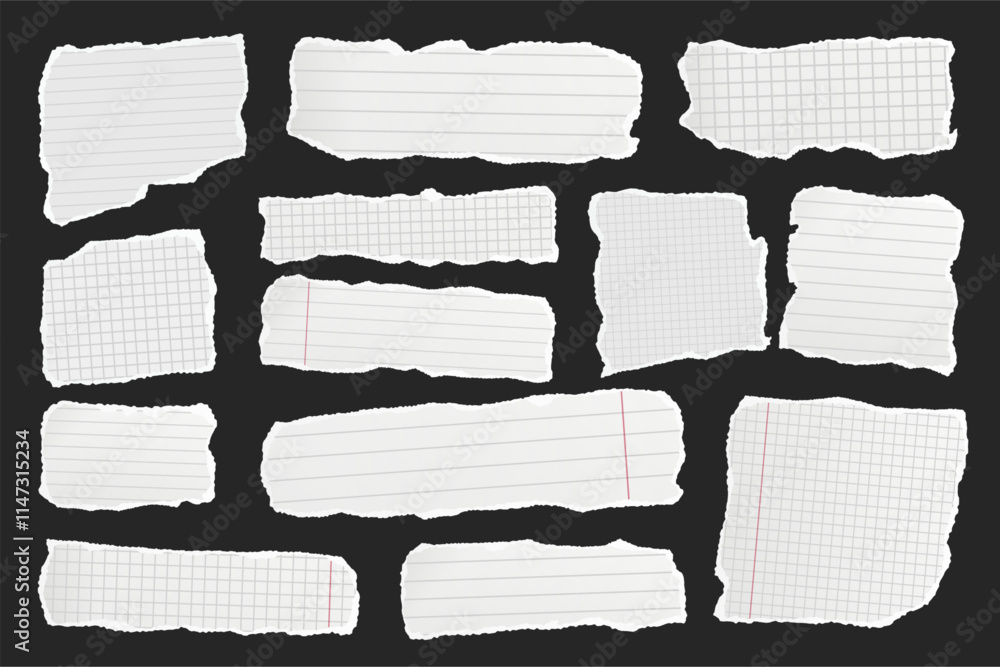 Ripped paper strips. Realistic crumpled paper scraps with torn edges. Shreds of notebook, book or old newspaper pages. Trendy collage elements. Vector illustration Ripped paper strips. Realistic crumpled paper scraps with torn edges. Shreds of notebook, book or old newspaper pages. Trendy collage elements. Vector illustration