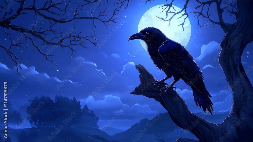 Fototapeta premium Cute Cartoon Raven Silhouette on a Branch in Winter Nature Illustration