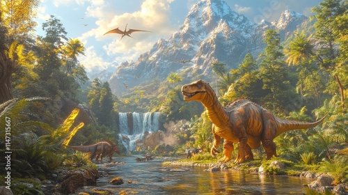 Dinosaurs in a Lush Prehistoric Jungle. Generative AI