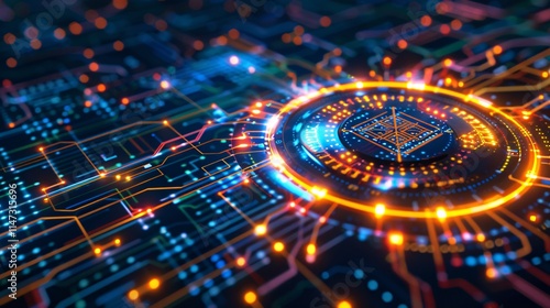 Wallpaper Mural Futuristic digital technology circuit network with abstract data visualization and glowing energy lights  Science and information technology concept background Torontodigital.ca