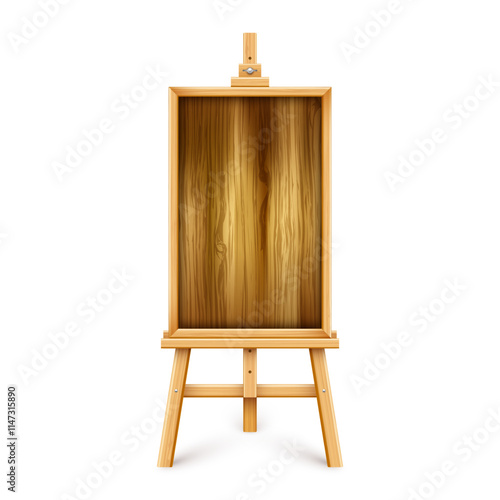 Wooden chalkboard on easel. Blank blackboard in wooden frame on a tripod. Presentation board, writing surface for text, drawing. Online studying, learning mockup. Vector illustration
